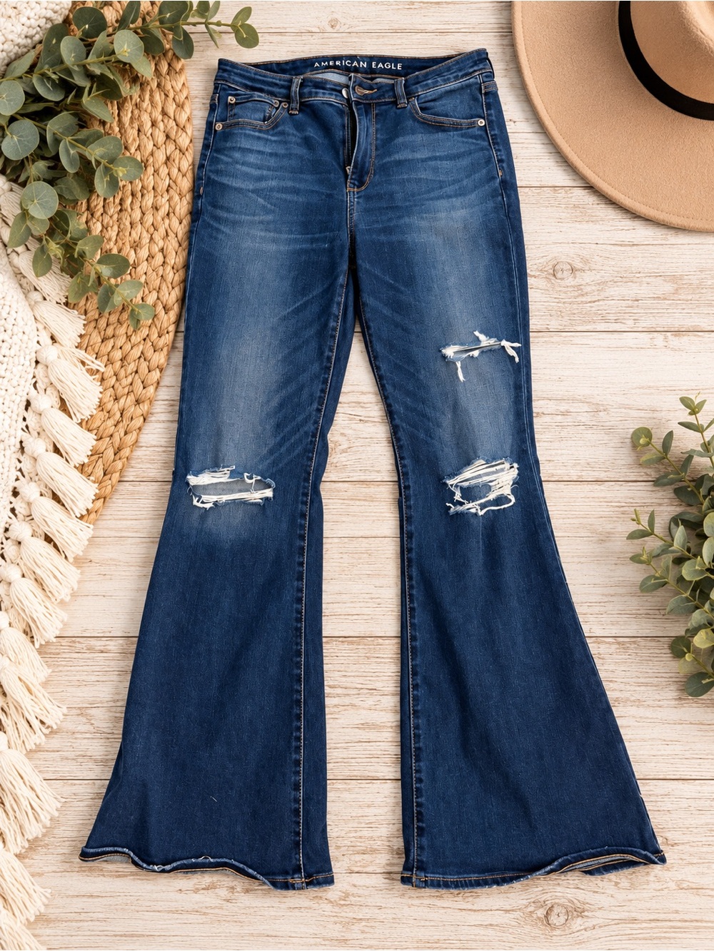 American Eagle Outfitters Dark Blue Distressed Flare Jeans